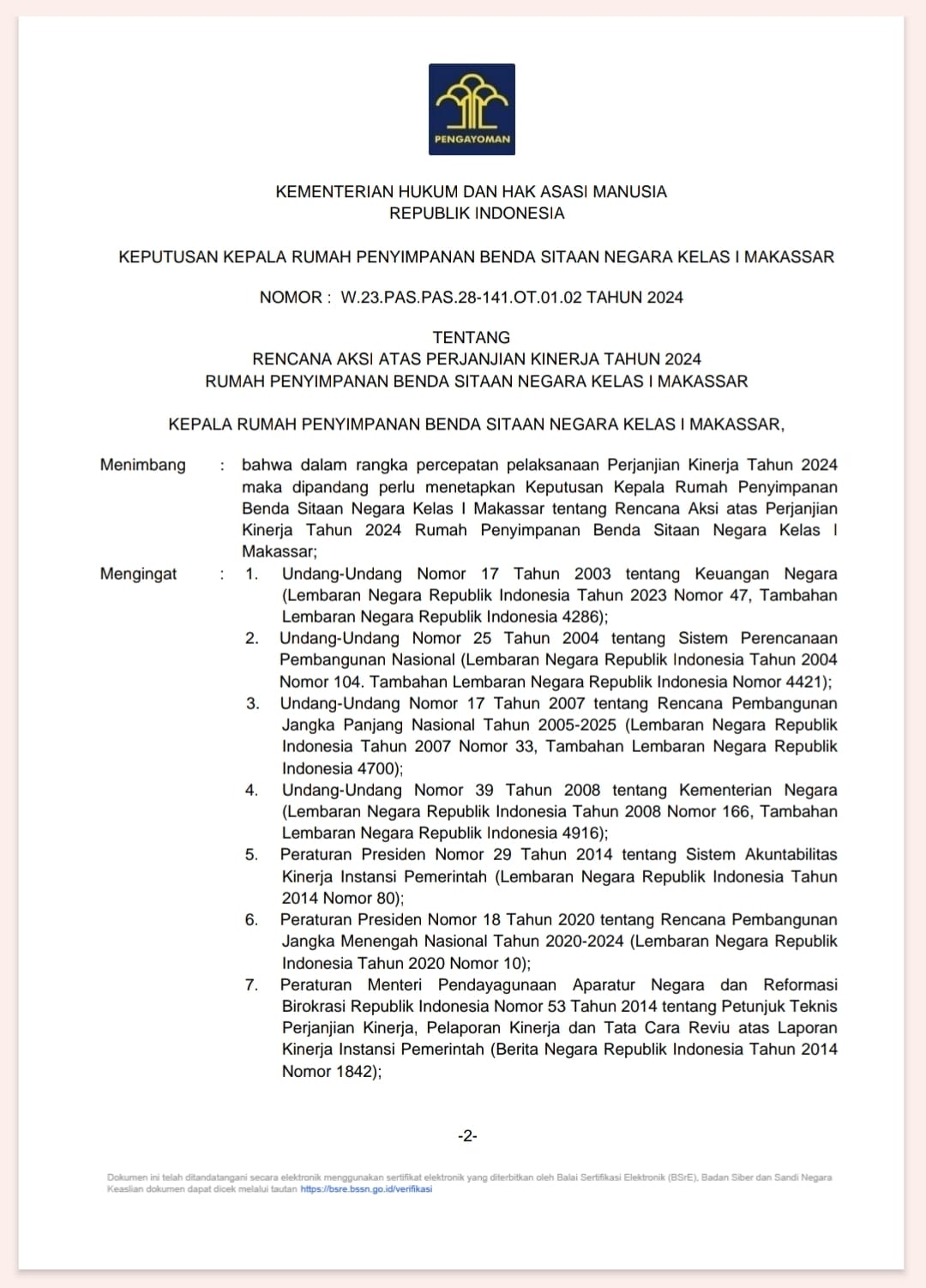 Rencana Aksi Atas Perjanjian Kinerja Tahun 2024 Rupbasan Makassar